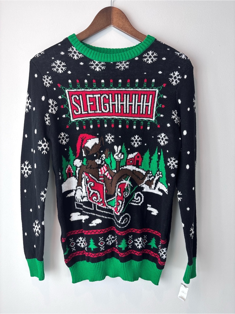 Vintage Y2K SLEIGHHHHH Christmas Ugly Sweater Black Green XL Holiday